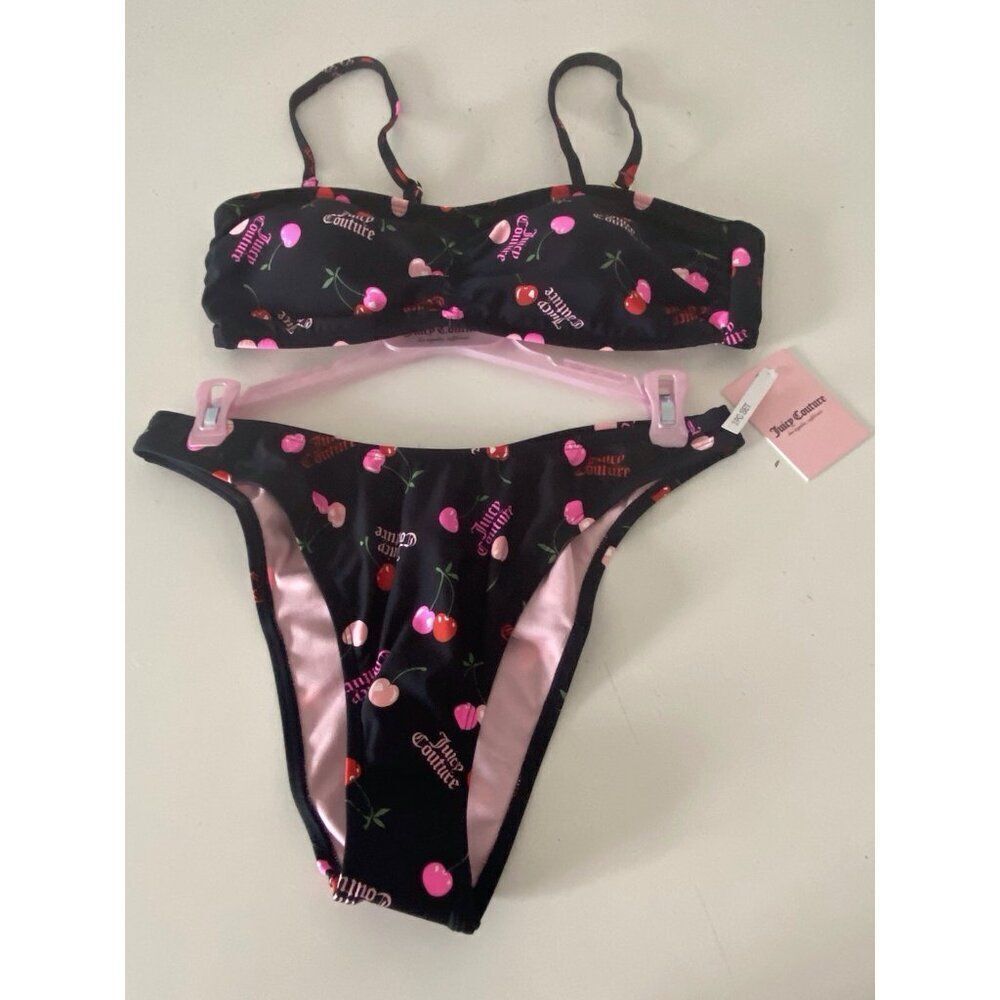 Juicy Couture Bandeau Cherries Cherry Bikini Set Women’s Sz L Ruched Bottom NEW
